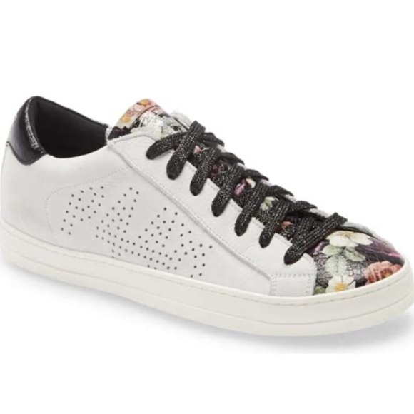 P448 John Black Floral Leather Low Top Sneakers 40/9-10 Casual Preppy Athleisure - Picture 15 of 16